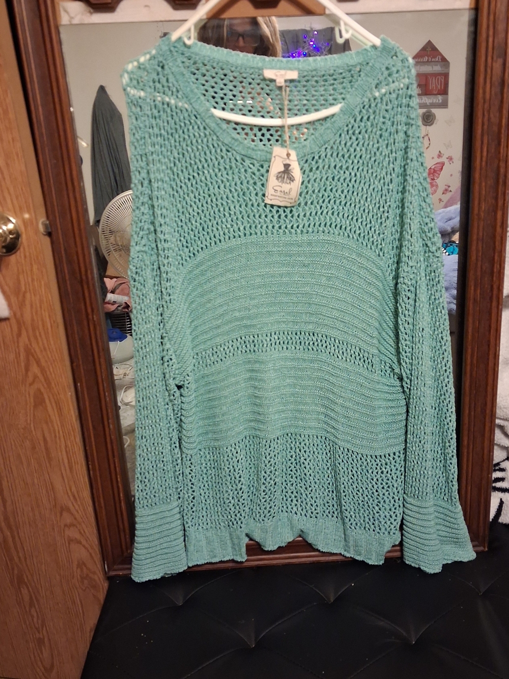 Easel Open-Knit Scoop Neck Sweater in Light Teal
